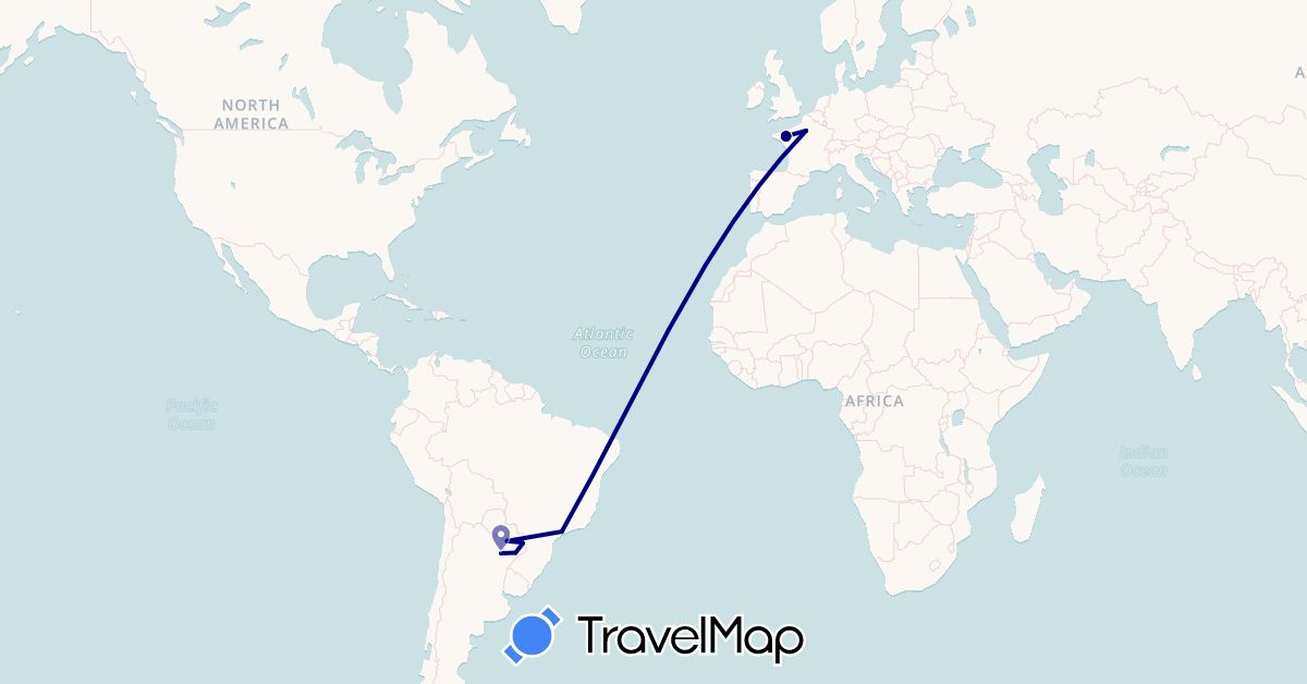 TravelMap itinerary: driving in Argentina, Brazil, France, Paraguay (Europe, South America)